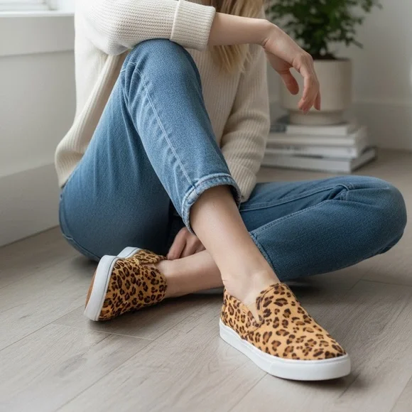 Mia Yulia Leopard Print slip-on Sneakers Animal Print Calf Hair Platform shoes 9 - Picture 1 of 7